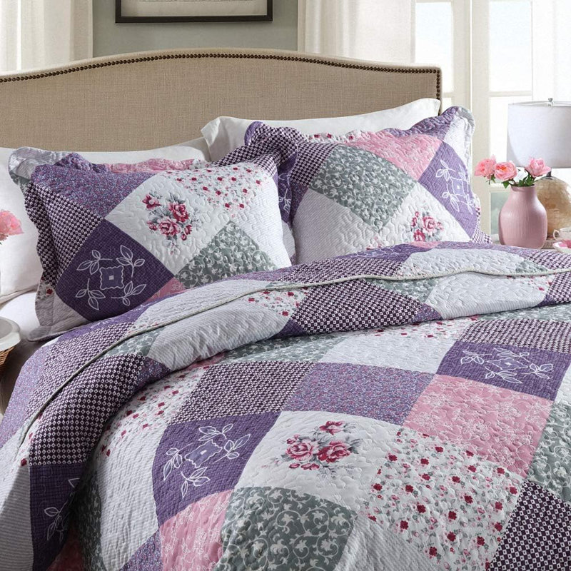 HoneiLife Flower Cluster Purple Blended 3-Piece Queen Size Quilt Sets, Queen Quilt + 2 Standard Pillowcases, Purple