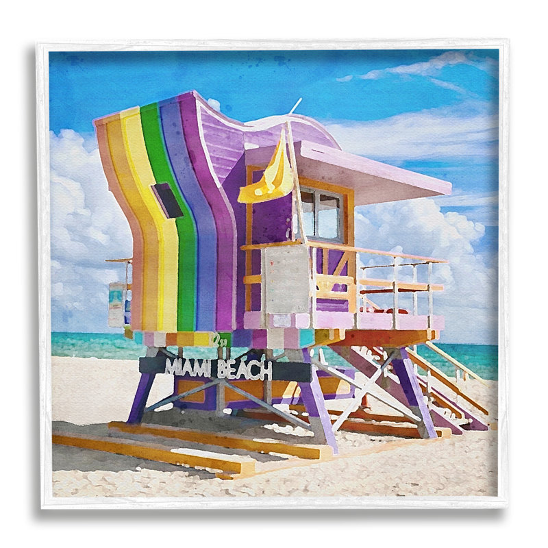 Highland Dunes Rainbow Lifeguard Hut, art de la giclée encadrée par LSR Design Studio, Giclée encadrée blanc bord de mer