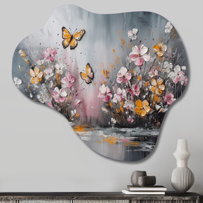 Flowers With White Butterflies II - Floral Cloud Shape Metal Wall Sculpture