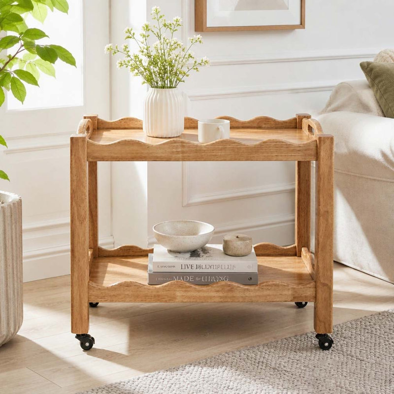 Solid Rubberwood Rolling Side Table, 2-Tier with Lockable Wheels & Removable Tray, Sturdy Durable