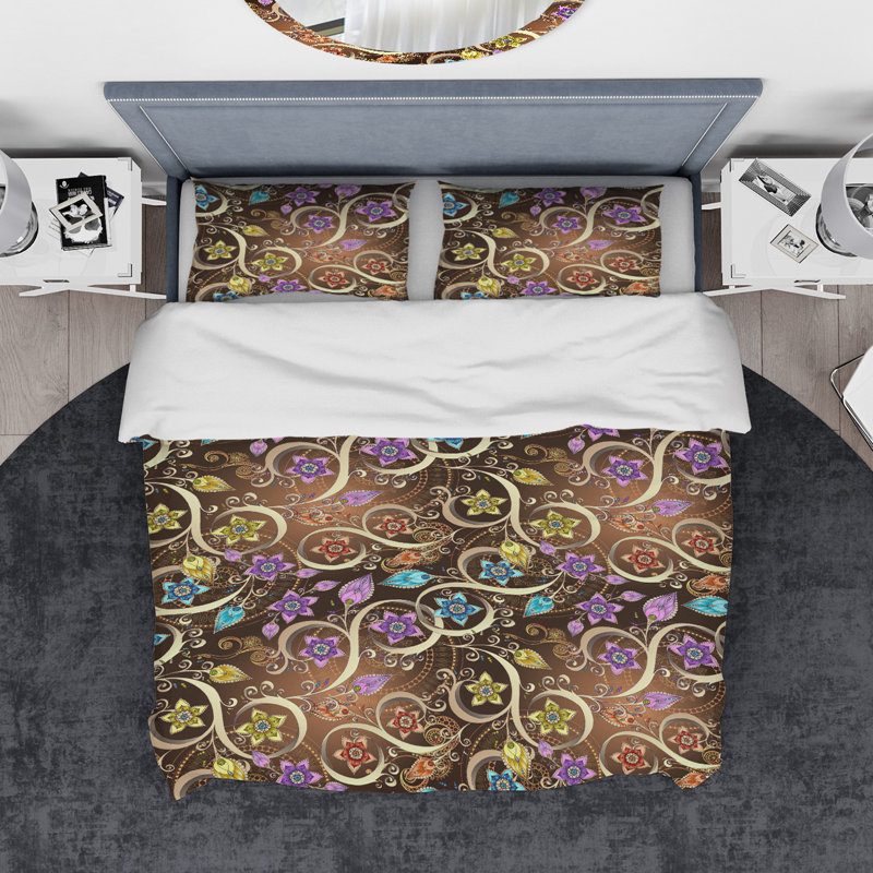 Ensemble de housse de couette designart ornementés avec fleurs et motif cachemire, Housse simple + 1 taie décorative