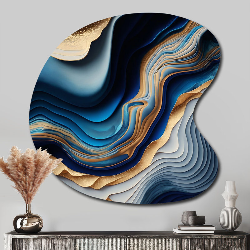 «Vibrant Blue and Gold Flow Art II», art mural asymétrique abstrait en forme de goutte transitionnelle, H 33 po x l 33 po
