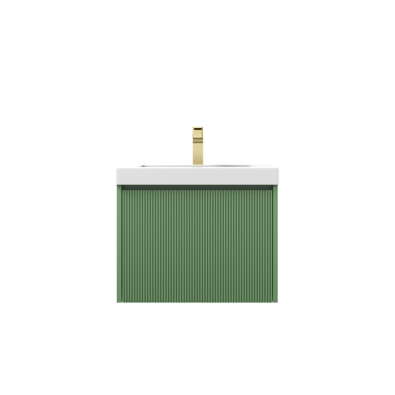 Meuble-lavabo flottant avec lavabo mural en bois avec dessus en acrylique, façade cannelée, porte à fermeture en douceur et rangement moderne Luziano