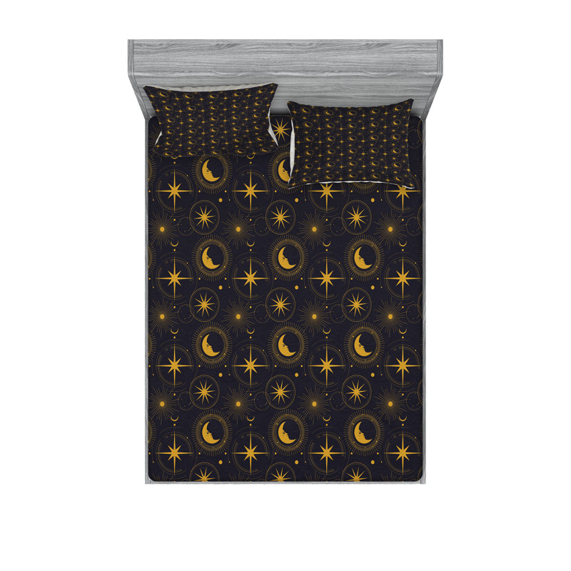 Drap-housse et coussin décoratif Ambesonne Alchimie indigo et jaune foncé, Ensemble de draps pour très grand lit californien