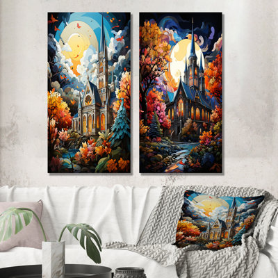 Pop Art «Curch At Moon Landscape I - Church», ensemble de 2 impressions sur toile