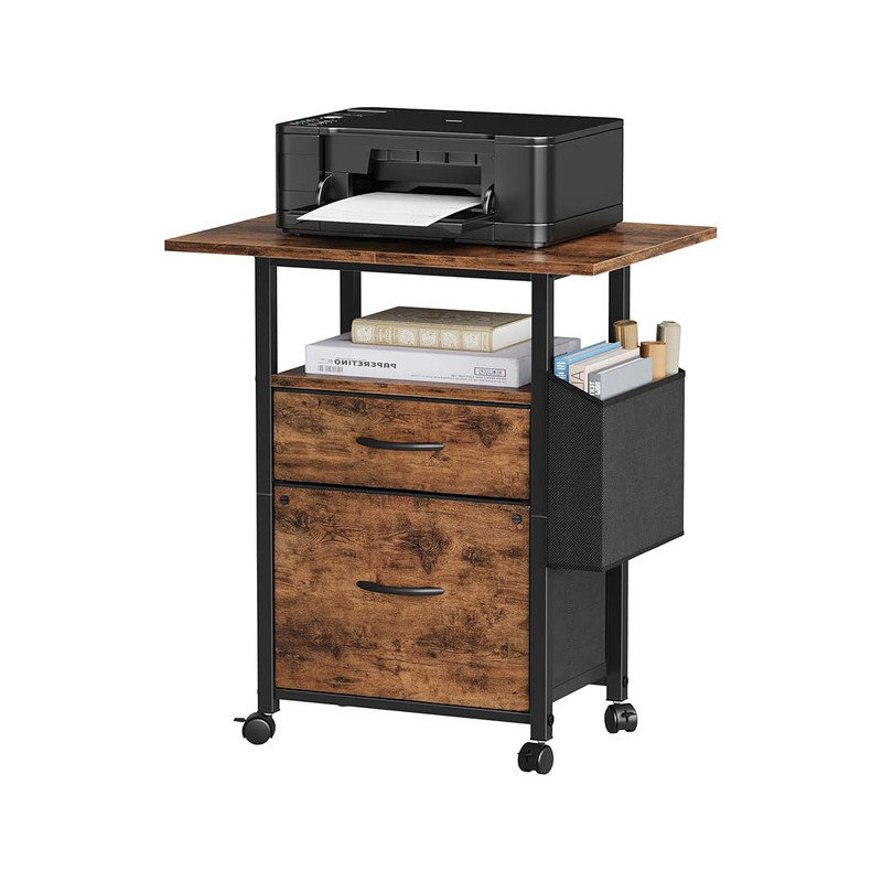 2 Drawer File Cabinet with 24'' Extended Desktop,  Rolling File Cabinet with Side Bag, Fabric Drawer, Light Brown