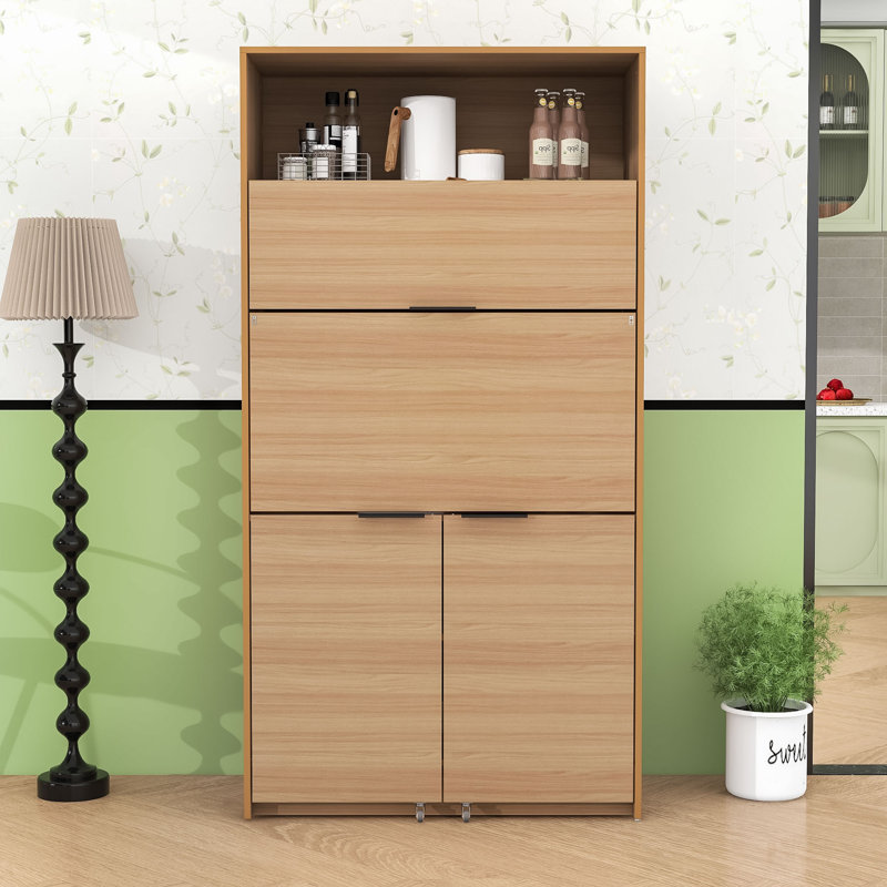 Garde-manger compact avec huche, poste de travail pliable, tablette réglable et prise de courant, Naturel