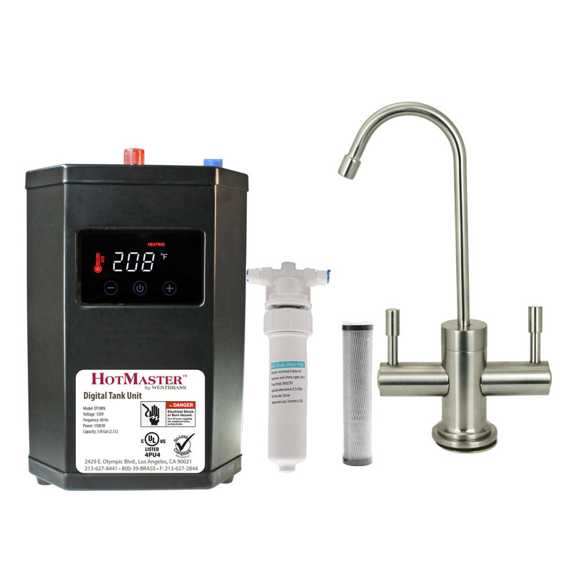 Contemporary 10" 2-Handle Hot and Cold Water Dispenser Faucet with Heating Tank and Filter System, Stainless Steel