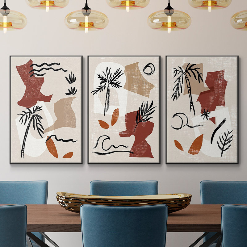 «Soft Palms I», reproduction sur toile 3 pièces, H 27 po x l 54 po x P 2 po, Cadre noir