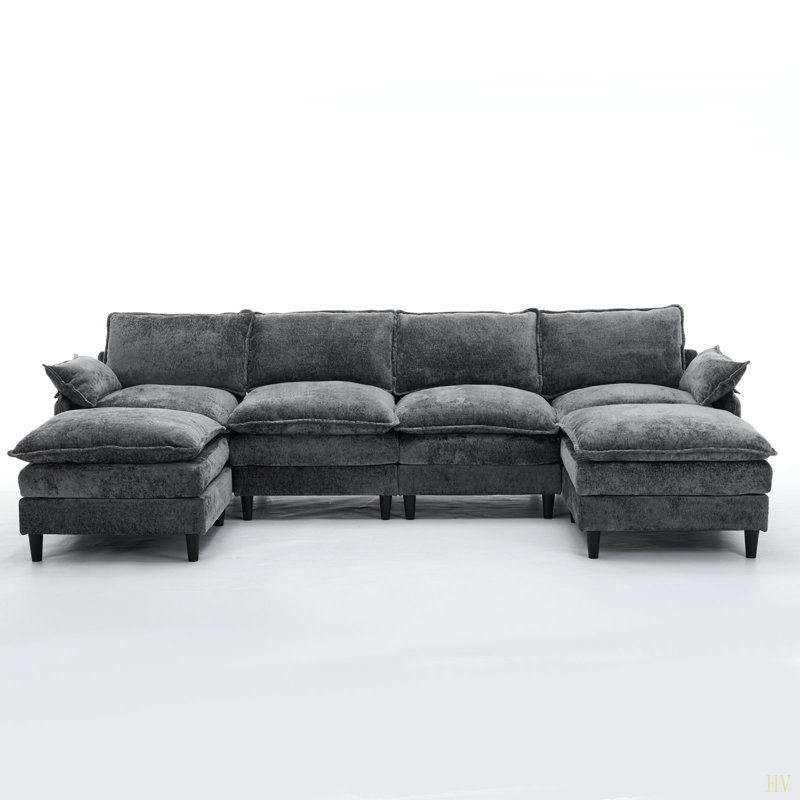 Canapé modulaire, ensemble confortable en U en forme de nuage, 2 coussins d'accoudoirs, canapé modulaire convertible, salon, appartement, chenille (2 repose-pieds mobiles)