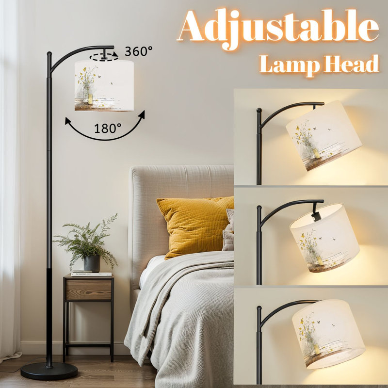 Lampe sur pied à arc avec abat-jour réglable jaune rustique esthétique florale papillon sur pied lampe sur pied 3 températures de couleur à intensité variable avec mât pour la chambre à coucher