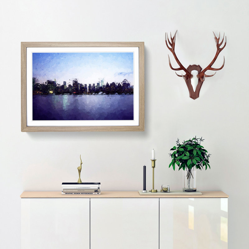 Night skyline of New York in Abstract - Picture Frame Graphic Art Print, Oak Framed, 27cm H x 36cm W x 2cm D