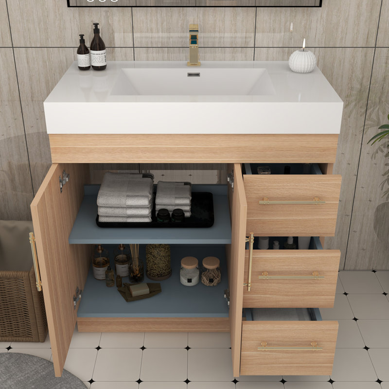 36" Single Bathroom Vanity Set with Drawers and Doors, Champagne Oak