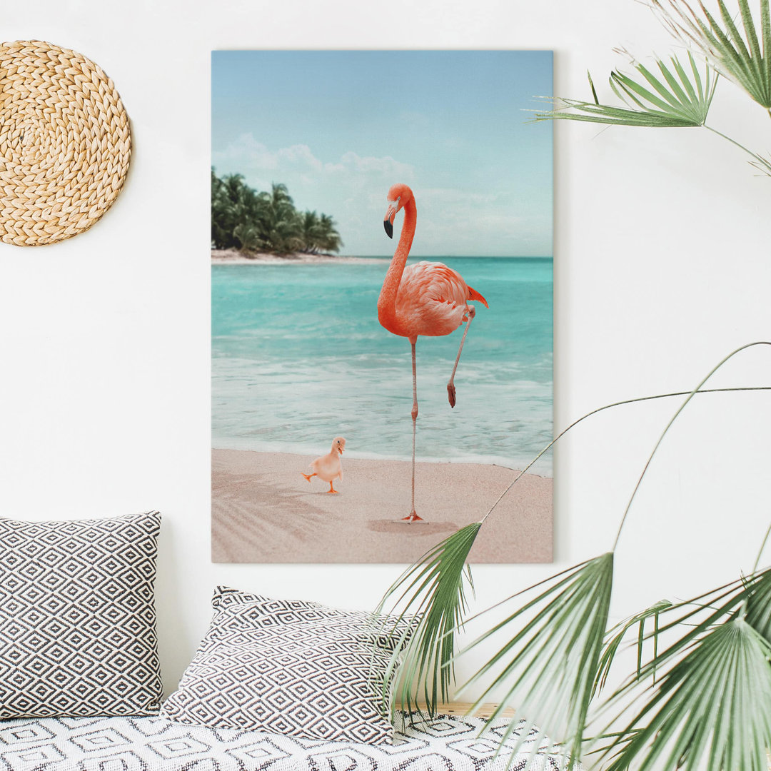 Leinwandbild – Strand Mit Flamingo