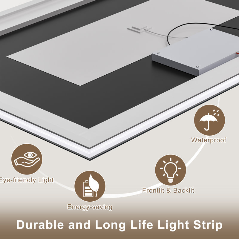 Anti-fog Tempered Glass LED Bathroom Mirror, 3 Color Temperature with Front and Backlight, Rohs and CRU Compliant, Rectangle