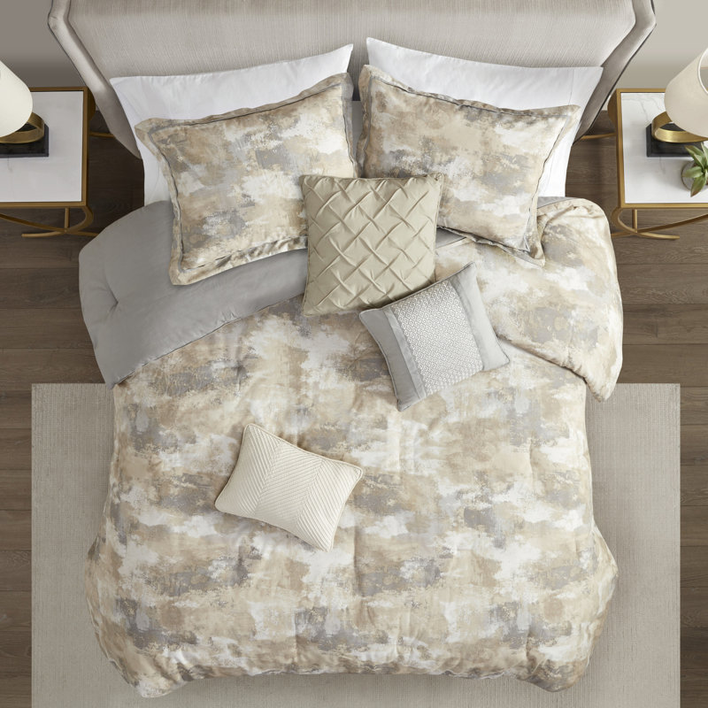 Édredon 7 pièces en très grand gris avec tissu tissé et jupe de lit moderne de couleur taupe