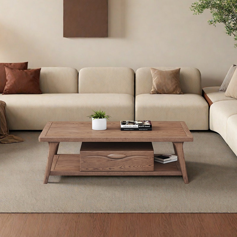 Solid Ash Wood Coffee Table with Drawers