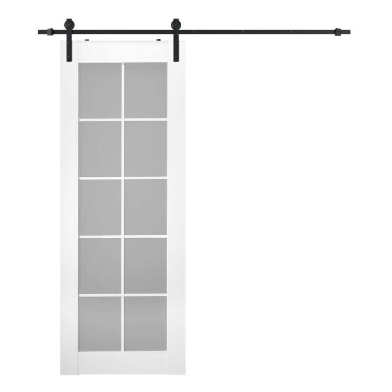 Polar White 10 Lite Frosted Glass Barn Door Kit with Black Hardware