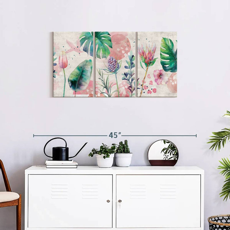 Ensemble de 3 pièces florales et botaniques avec jolies fleurs tropicales sur toile, H 39 po x l 80 po x P 1,25 po