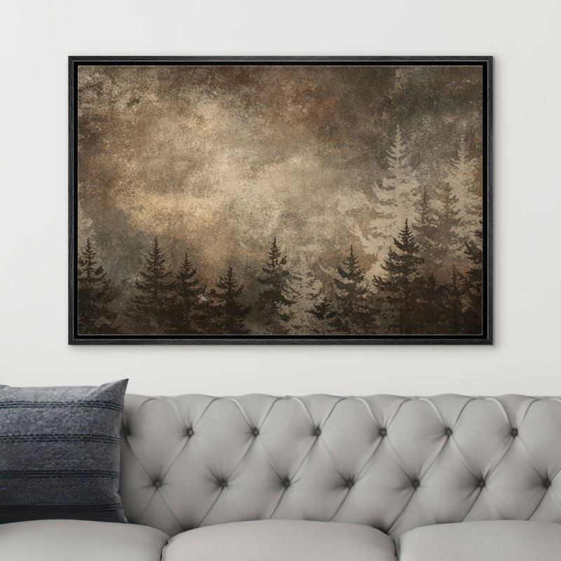 Rustic Forest Silhouette With Textured Sky Framed Canvas Master Bedroom Wall Art Work Print, 24" H x 36" W x 1.5" D, Black