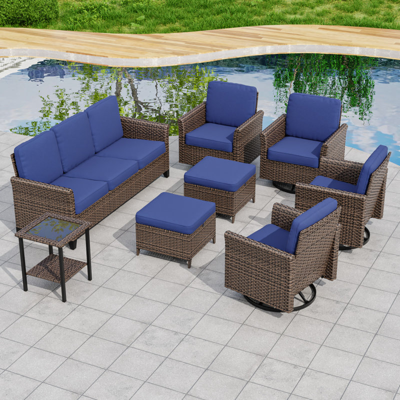 Ensemble de conversation 8 pièces pour 7 personnes avec 7 chaises en rotin et osier, Bleu