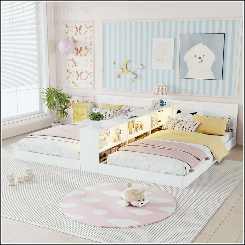 Convertible Double Twin Bed Frame with Storage, LED Light, and Charging Station, White