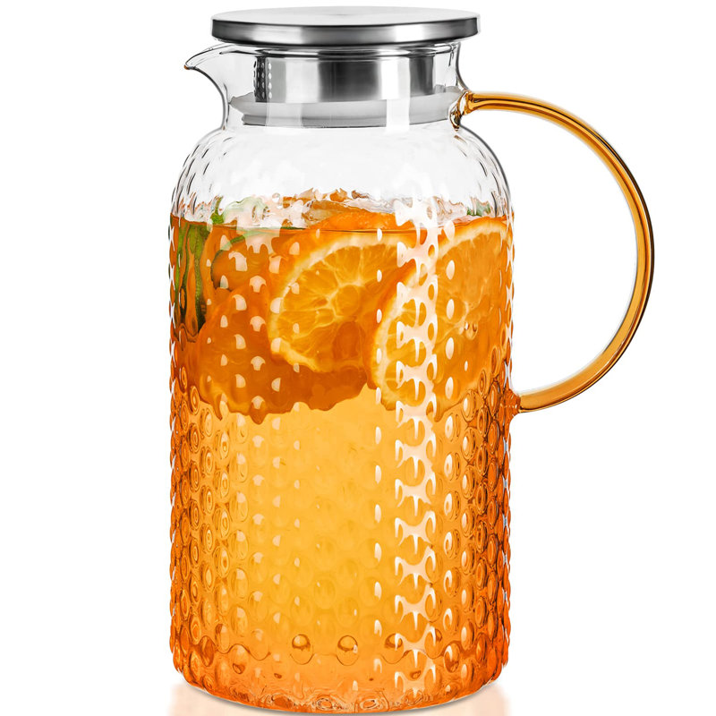 Pichet en verre conçu par Squama, pichet à eau en verre avec couvercle et bec, conception à grand alésage pour un nettoyage facile, pour boissons froides / chaudes, thé glacé, jus, lait