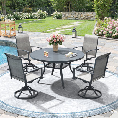 4-Person Patio Dining Set with  Round Metal Dining Table and PVC-coated polyester Swivel Chairs