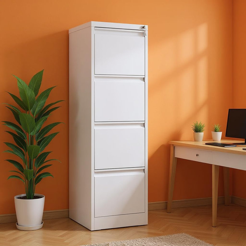 Heavy-Duty Lockable Vertical Metal Filing Cabinet with 3 Deep Drawers, Secure Steel Storage for Home Office, White, 4