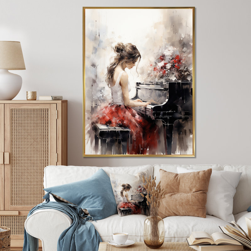 Aristarkh Beige Red Music Piano Harmony II, H 40 po x l 30 po x P 1,5 po, Cadre flottant doré
