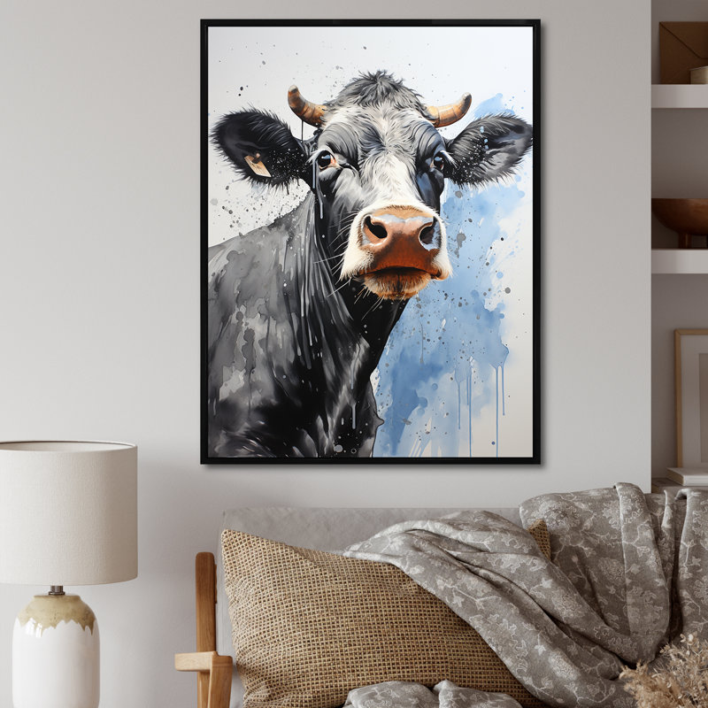 Minimalisme, vache noire et blanche III sur toile, Cadre flottant noir, H 40 po x l 30 po x P 1,5 po
