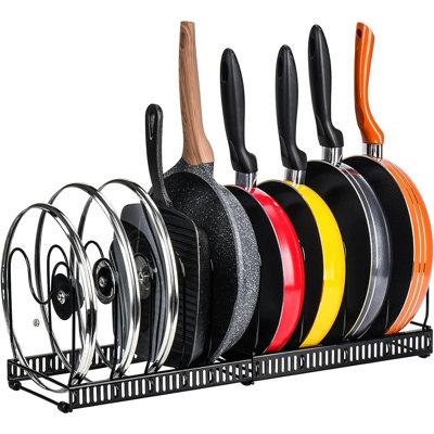 Support pour casseroles et poêles, batterie de cuisine réglable, couvercle de casserole et porte-plats à cuisson avec 10 compartiments pour le rangement de l'armoire et du comptoir, noir