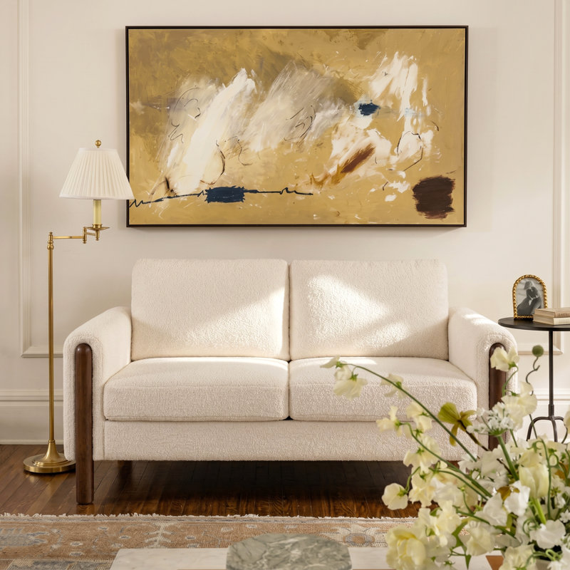 Arora Mid-Century Modern Teddy Upholstered Loveseat with Solid Wood Legs and Back Cushions, White