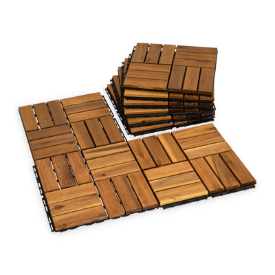 Square Joint Acacia Wood Deck Tiles, 12-Slat Interlocking Design for Indoor & Outdoor (Set of 27)