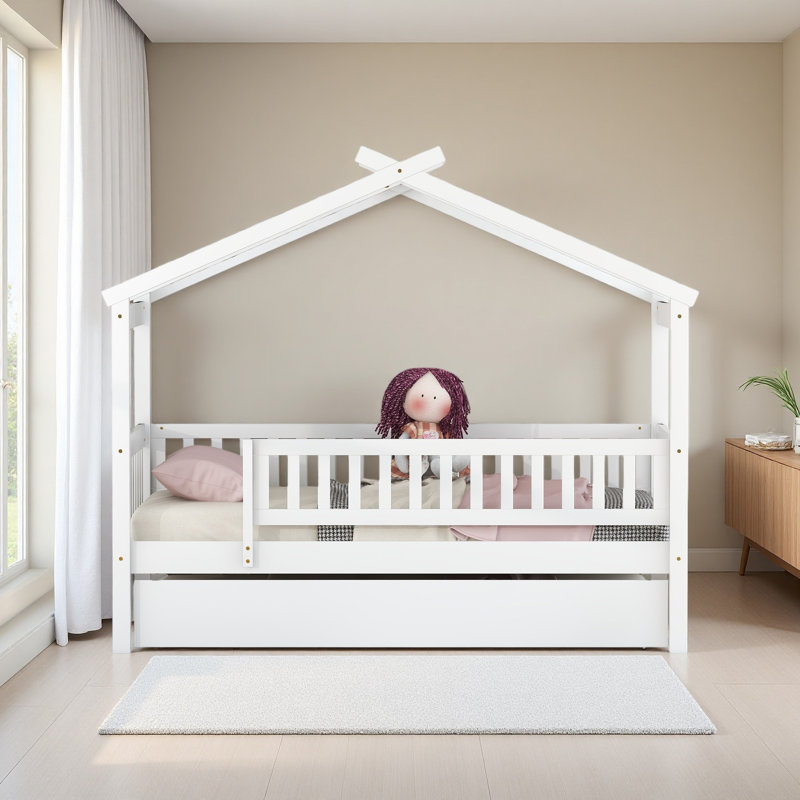 Lit en bois avec lit gigogne simple, Lit simple, Blanc