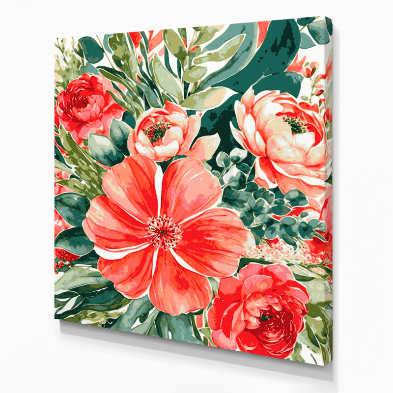 Aquarelle, art floral sur toile beige, H 32 po x l 32 po