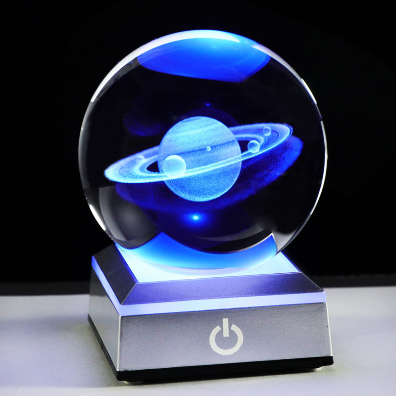 80mm 3D Engraved Saturn Crystal Ball with LED Base, Solar System Glass Sphere Decor.