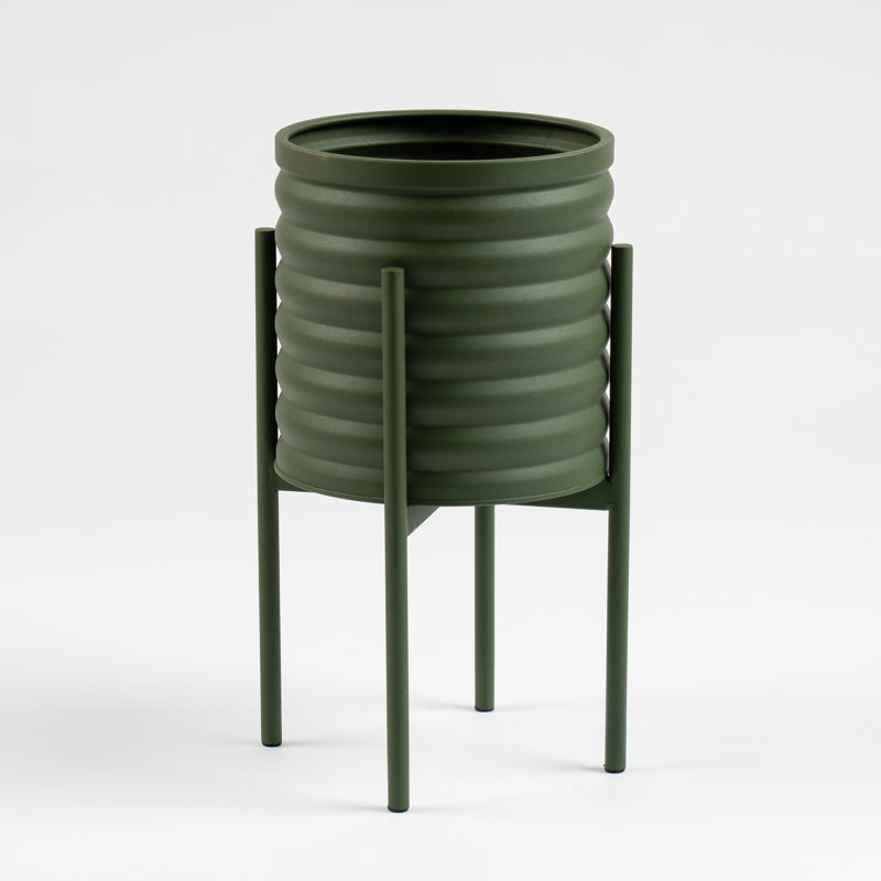Ribbed Metal Planter on Stand, Green