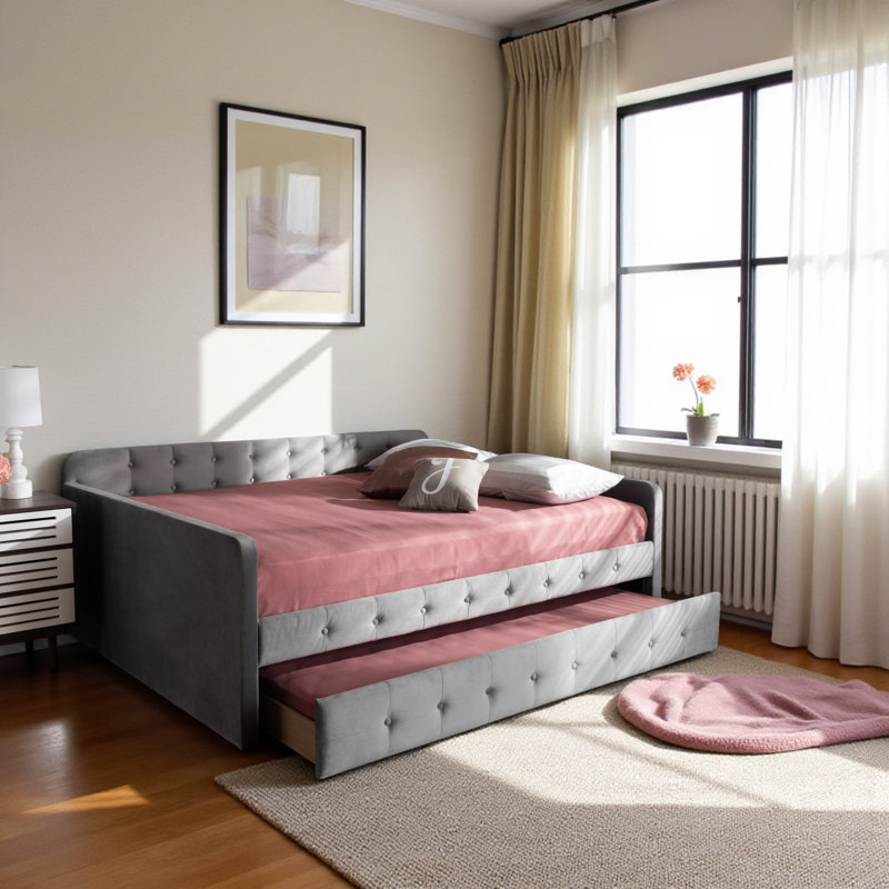 Isle Transitional Full Size Gray Velvet Fabric Daybed, 33.09'' H X 81.26'' W X 56.5'' L, Gray, Full