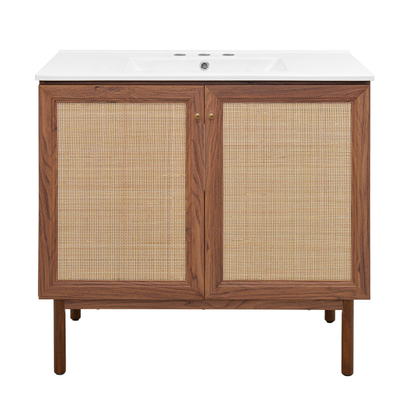 Meuble-lavabo autoportant en chêne brun de 36 po avec comptoir à 3 trous Classe, Chêne brun, Blanc, 8" Widespread