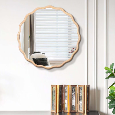Miroir ondulé en bois massif - Miroir de meuble-lavabo mural en bois naturel 31 po x 31 po pour salle de bain, chambre à coucher, salon, salle à manger, vestiaire, vestibule