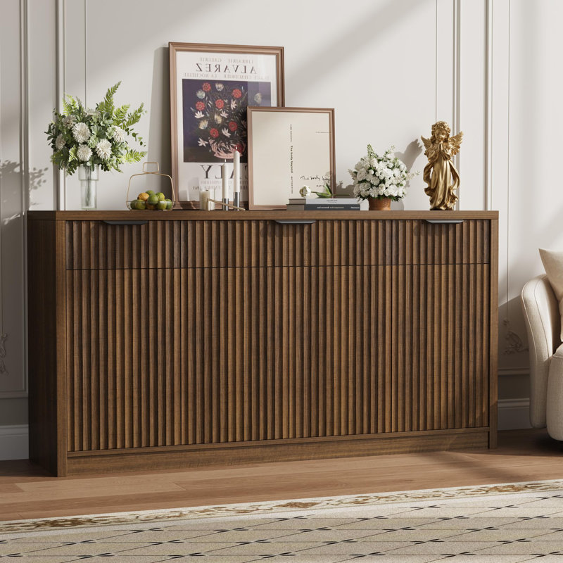 Buffet moderne cannelé de 55 po avec rangement Modern, Brun rétro