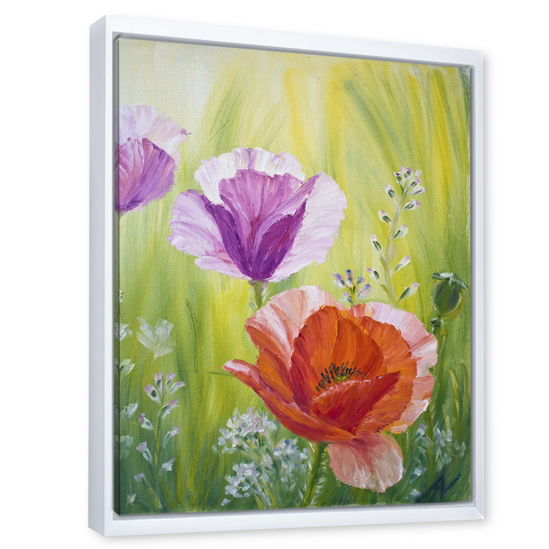 Coquelicots dans le matin - peinture sur toile, H 20 po x l 12 po x P 1po, Toile blanche encadrée