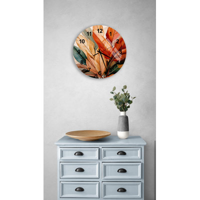Botanical Autumn Leaves in Terracotta & Teal Tempered Glass Non-Ticking Wall Clock