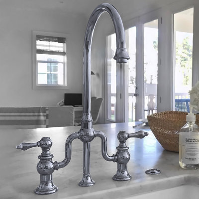 Whitehaus Collection Bridge Faucet with Gooseneck Swivel Spout and Solid Brass Side Spray