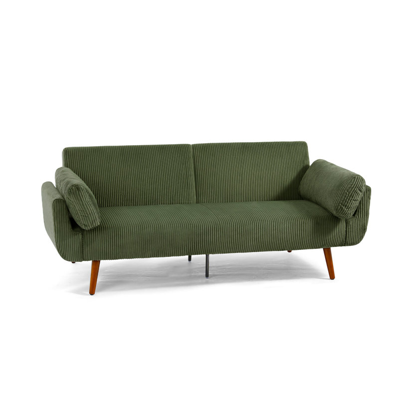Upholstered Green Corduroy Flared Arm Convertible Sofa Bed, Folding Futon Sleeper with Adjustable Backrest, Green Corduroy