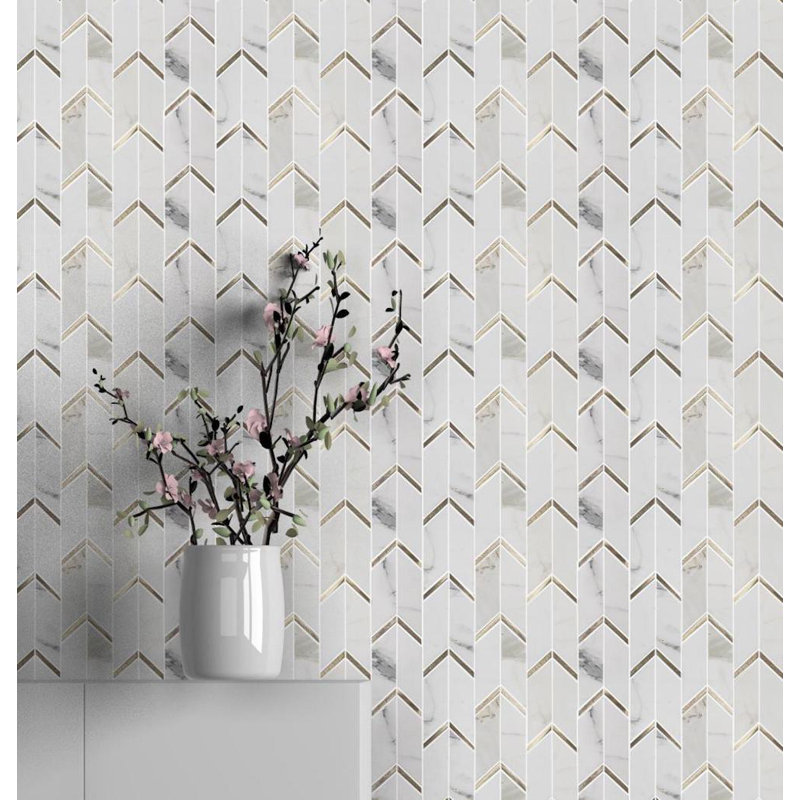 Harper 2" x 5" Herringbone/Chevron Mosaic Wall Tile, Calacatta Gold