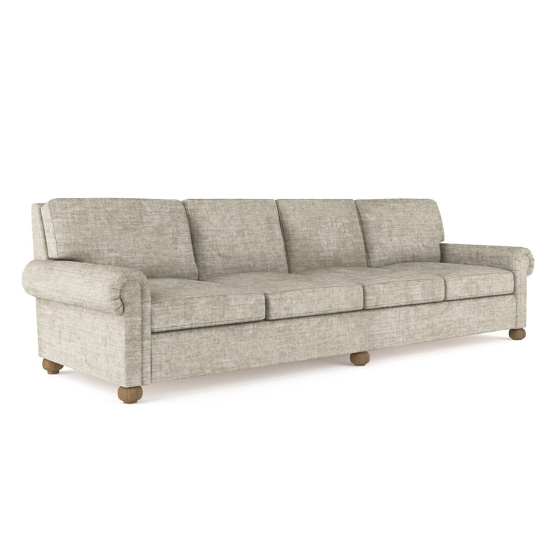 Canapé extra long à panneau roulé avec pieds en oignon Leroy, H 36 po x l 120 po x P 43 po, Velours écrasé huître, Patiné