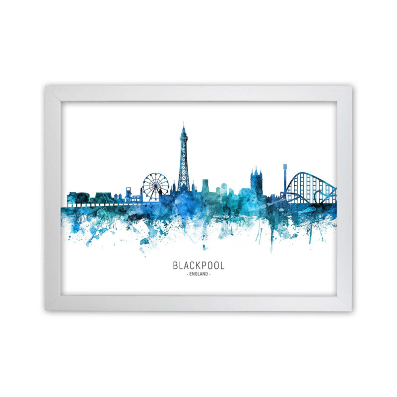 Blackpool England Skyline Blue City Name by Michael Tompsett - Print, White Framed, 64cm H x 88cm W x 3cm D