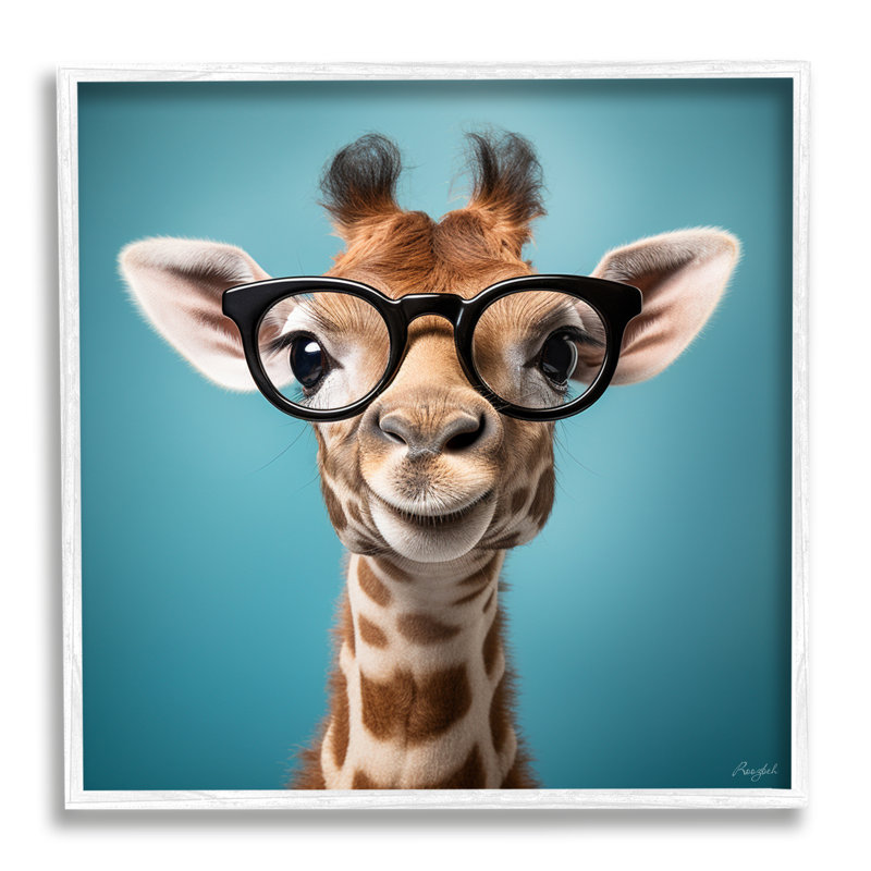 Girafe avec des lunettes sur bois, H 24 po x l 24 po x P 1,5 po, Giclée encadrée blanc bord de mer